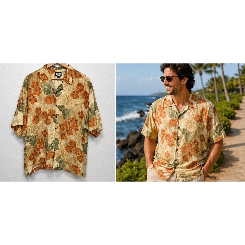 Tommy Bahama Shirt Mens XL Orange 100% Silk Hawaiian Camp Button Floral Vacation